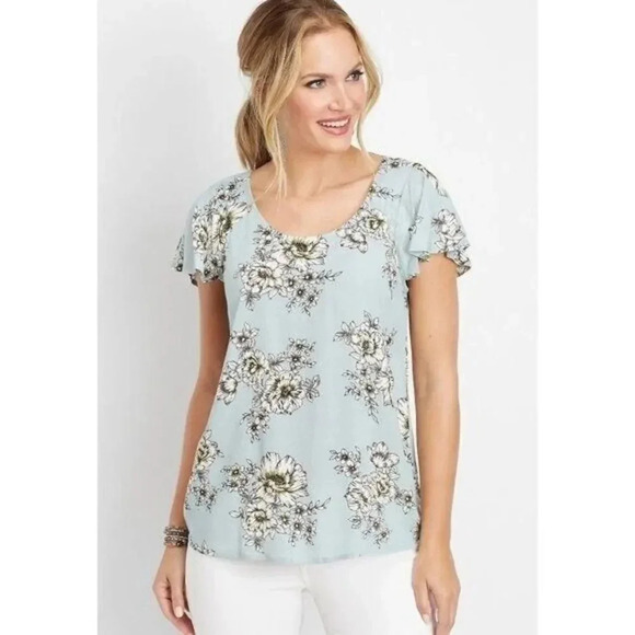 Maurices Blue Floral Lattice Back Woven Short Sleeve Top L - Picture 2 of 5